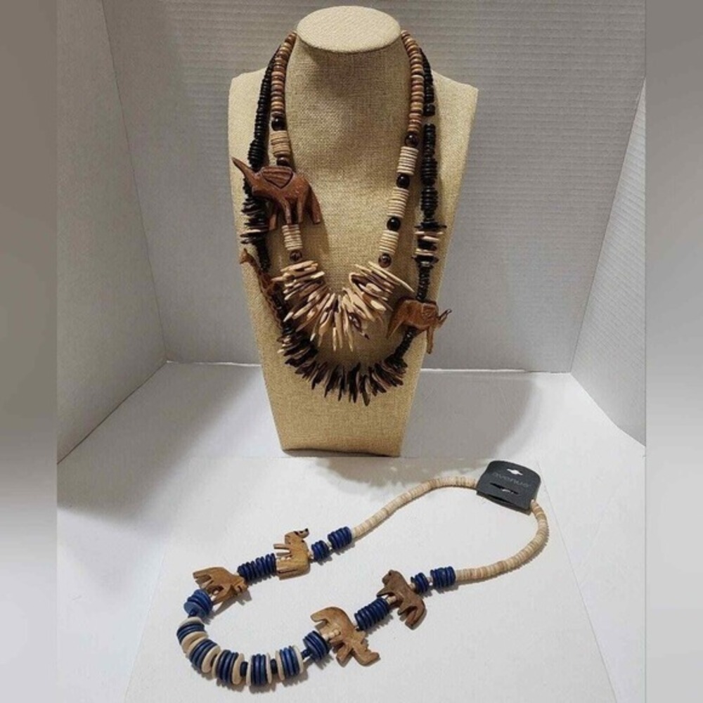 90s Jungle elephant giraffe lion rhinoceros wooden beaded necklace lot VINTAGE
